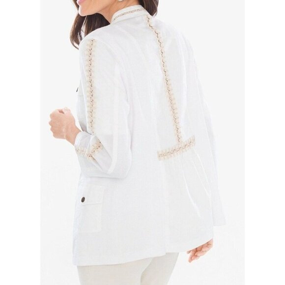Zenergy Womens Size 0 White Zipper Jacket Top Knit insert Lace Embroidered Trim - Picture 5 of 12